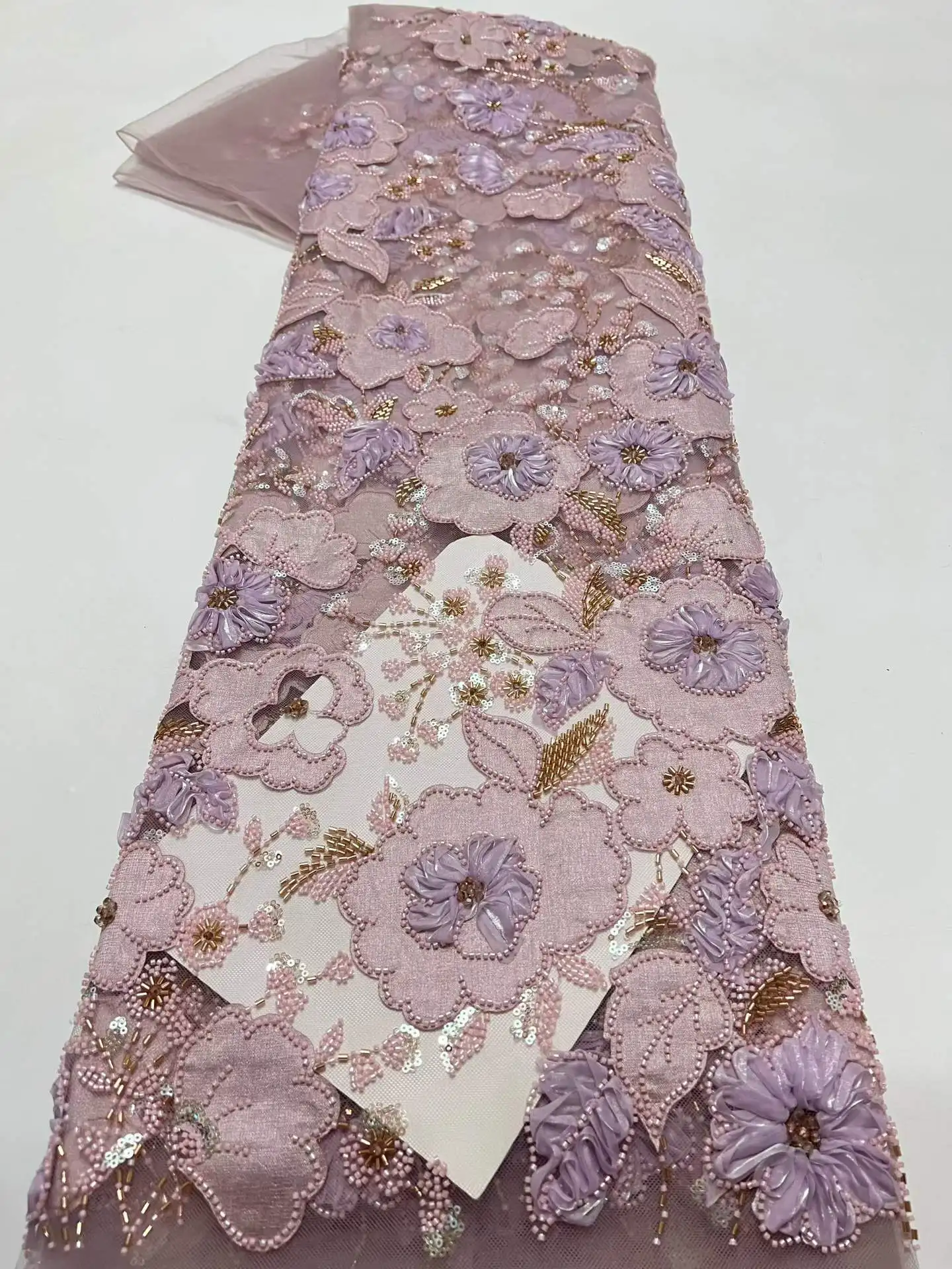 

2026 Luxury French Mesh Embroidery Beaded Lace Fabric African Nigerian Sequins Lace Fabric For Wedding Dress Sewing Material