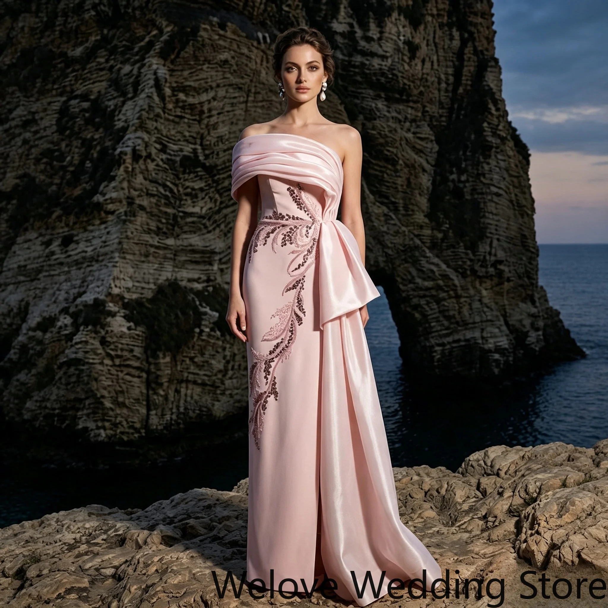 Embroidery Rose - Blush Pink Evening Gown Strapless Ruched