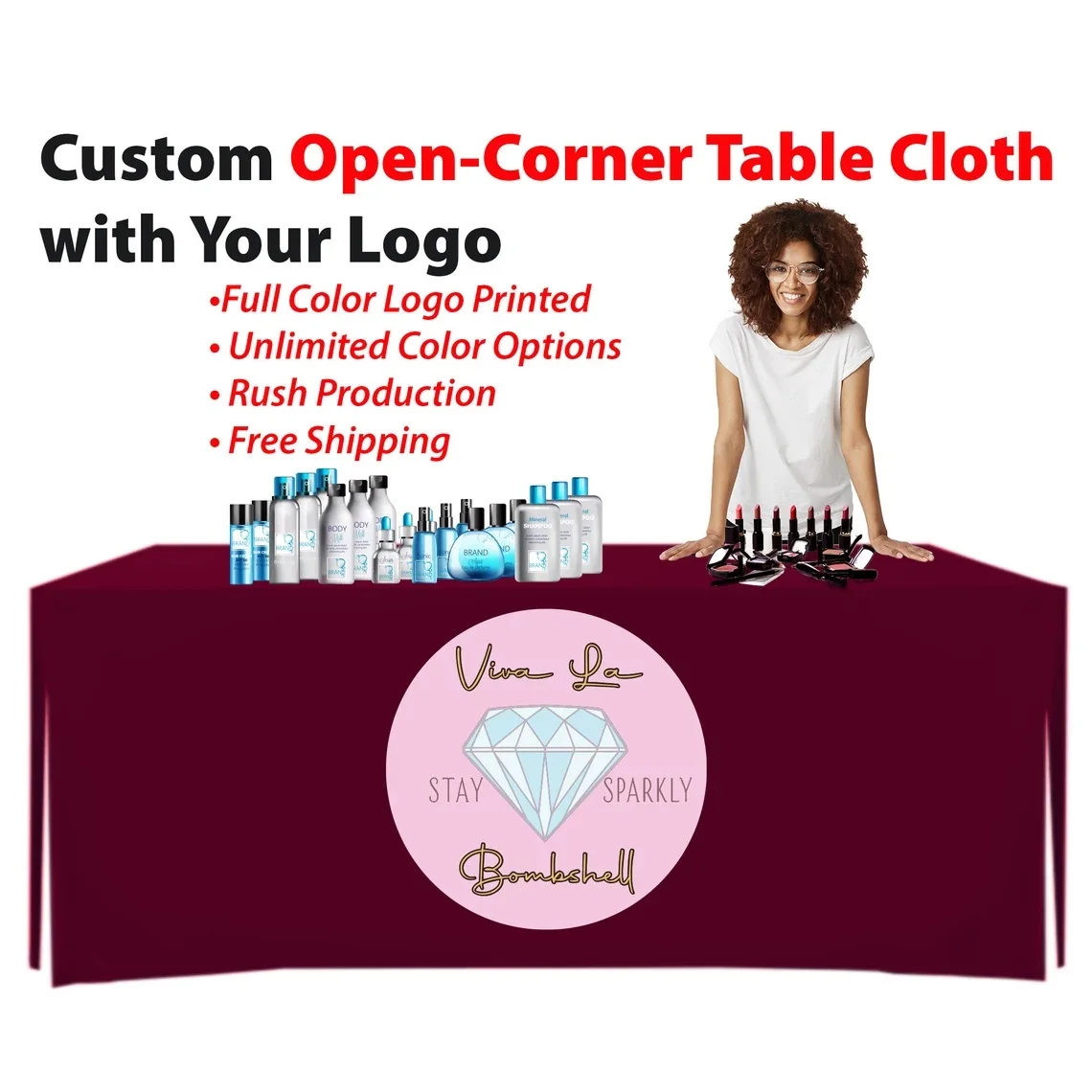 

Custom Table Cloth, Open Corner Style with Logo, Best Quality for Trade and Craft Shows, Wedding Banquet, Vendor Events