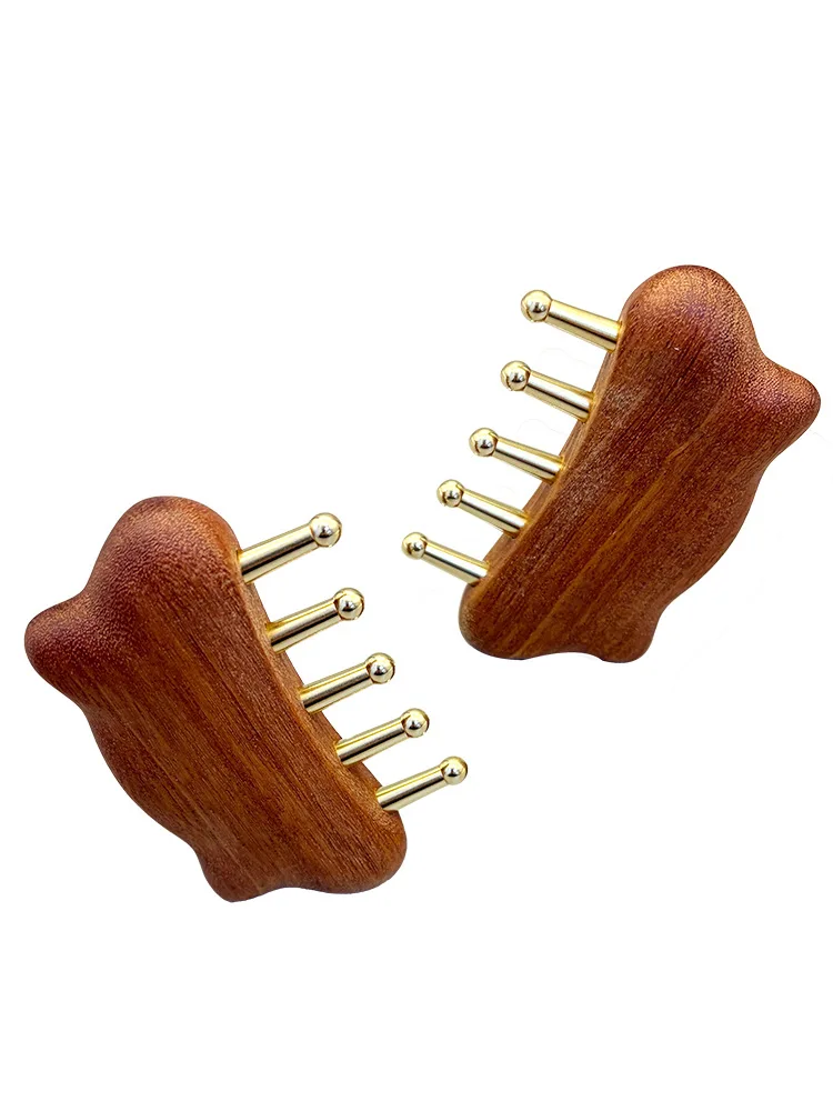 Brass Cloud Five Tooth Massage Comb Golden Sandalwood Copper Teeth Head Scalp Meridian Scraping