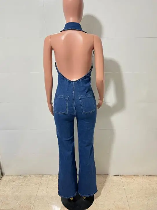 جمبسوت حريمي 2026 ربيع جديد بقصة ضيقة وياقة مقلوبة بدون أكمام عصري للشارع ريترو بدون ظهر نصف سحاب من قماش الدنيم #6