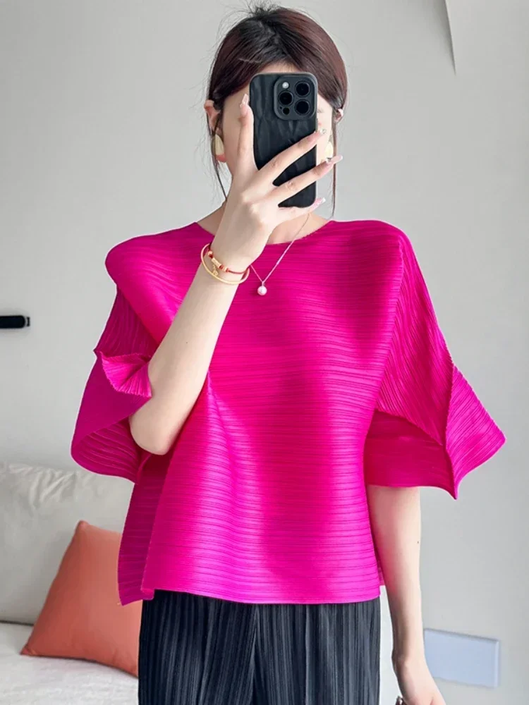 Chic Design Pleated Versatile Simple Solid Women Tops 2024 Summer Stretchy Flare Sleeve Loose Fashion Blouse Shirt Women Causal