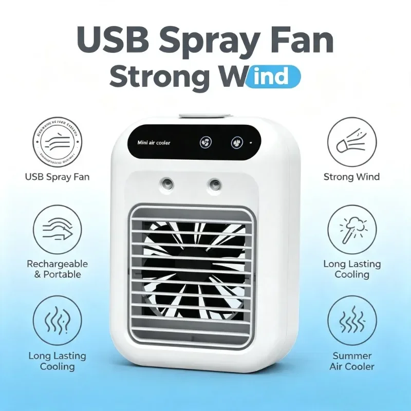 NEWUSB Small Desktop Spray Fan Rechargeable Strong Wind Long Lasting Portable Air Cooler for Outdoor Office Dormitory Summer Use