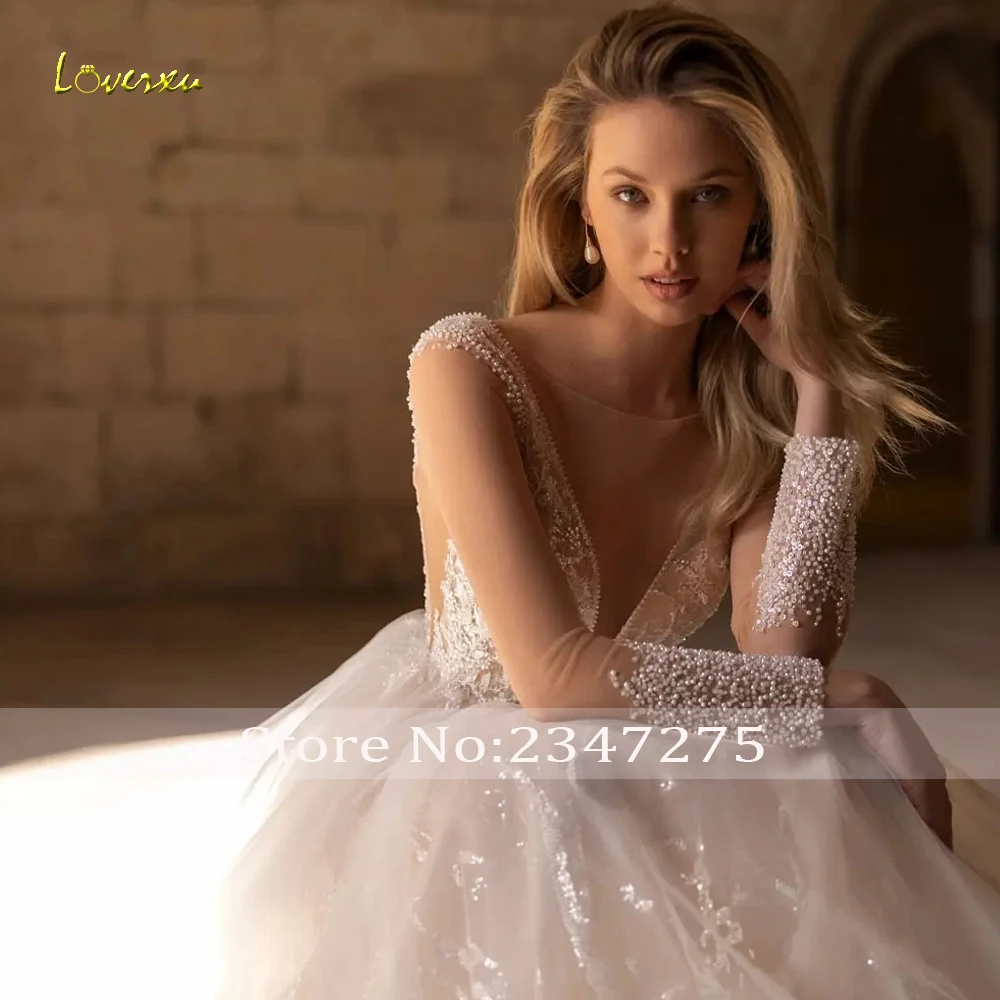 Loverxu A-Line Graceful Wedding Dresses Scalloped Long Sleeve Vestido De Novia Lace Embroidery Glitter Custom Made Bridal Gown