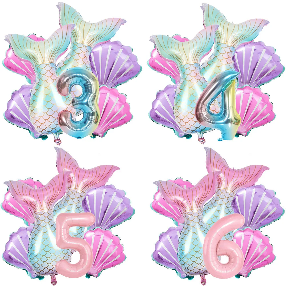 Mermaid Birthday Decorations 7 Pcs Mermaid Foil Balloon Mermaid Tail Balloon Mermaid Decor for 1st-9th Birthday Party Baby Showe