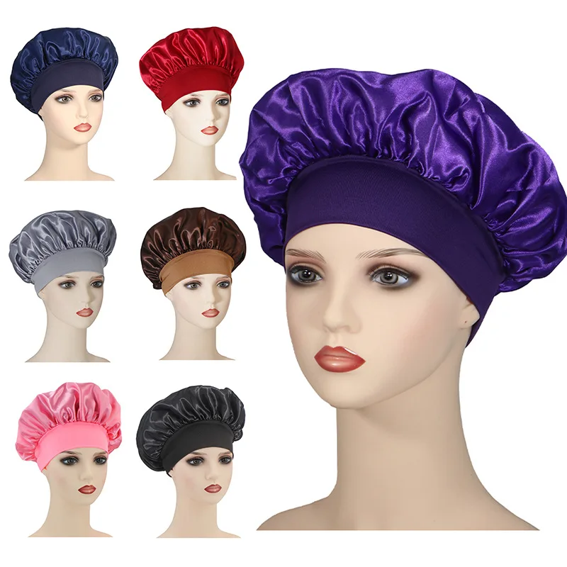 Women Satin Head Wrap Elastic Band Cap Night Hat Shower Caps Styling Hat Hair Tool Silky Bonnet Sleep with Premium Elastic Band