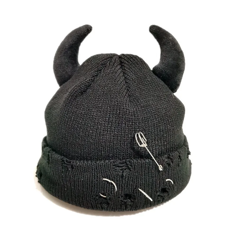 Lässige Teppichmütze mit Teufelshörnern, Vintage-Look, einfarbig, Winter-Pullover-Mütze, warm, verstellbare Strickmütze für draußen – Detail 8