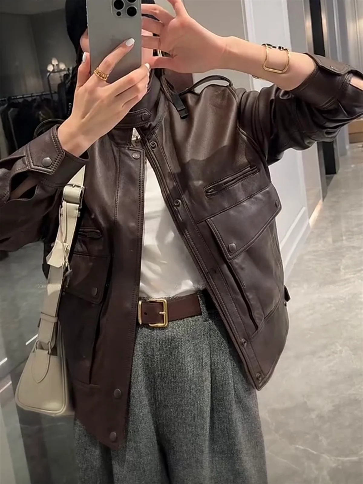 

Chen Mrs Genuine Leather Biker Jaet Women Casual eepskin Single Collar Coat Regular ape Outerwear European Sle