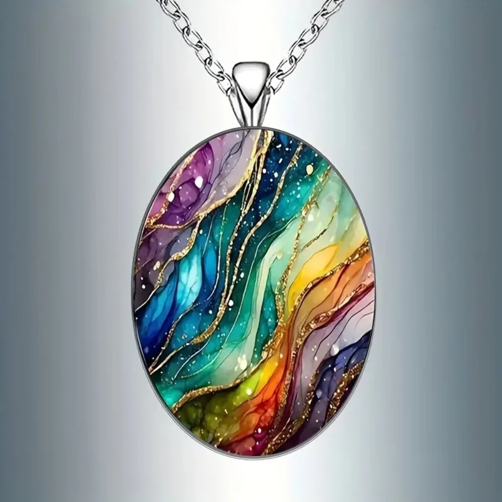 New Trendy Retro Colorful Starry Sky Dreamy Ripple-shaped Oval Glass Pendant Necklace for Women Collar Chain Jewelry Accessories