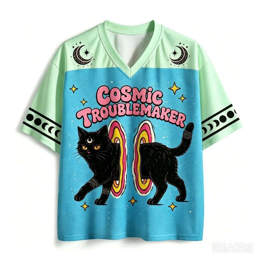 Kosmisches Schwarzes Katzen-Sternmuster 3D-Druck Herren Damen Schnelltrocknendes Sport-T-Shirt mit V-Ausschnitt in Übergröße Outdoor Freizeit Y2K Familien-Shirt – Detail 7