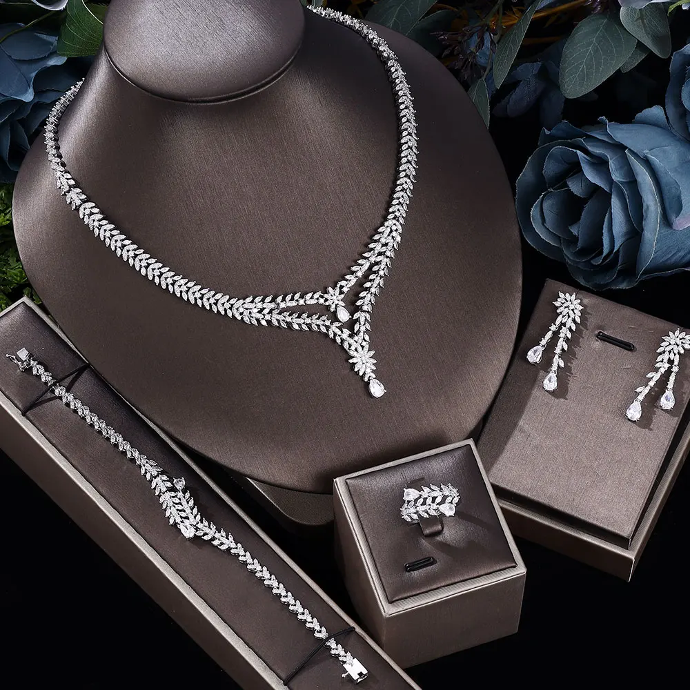 

Nigeria 4-piece Bridal Zirconia Luxury Bridal Jewelry Set, suitable for women's parties and high-end weddings, luxury Dubai Nige