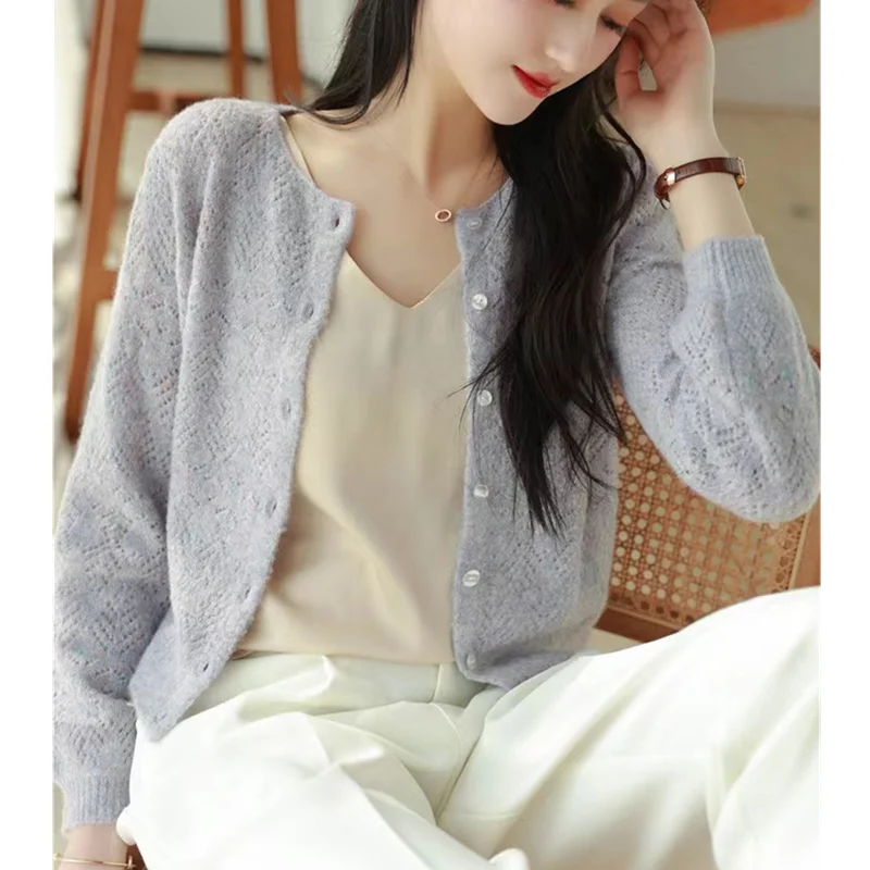 Fashion hollow-out 100% pure wool cardigan women spring and autumn round neck sweater short sweater loose cashmere small coat