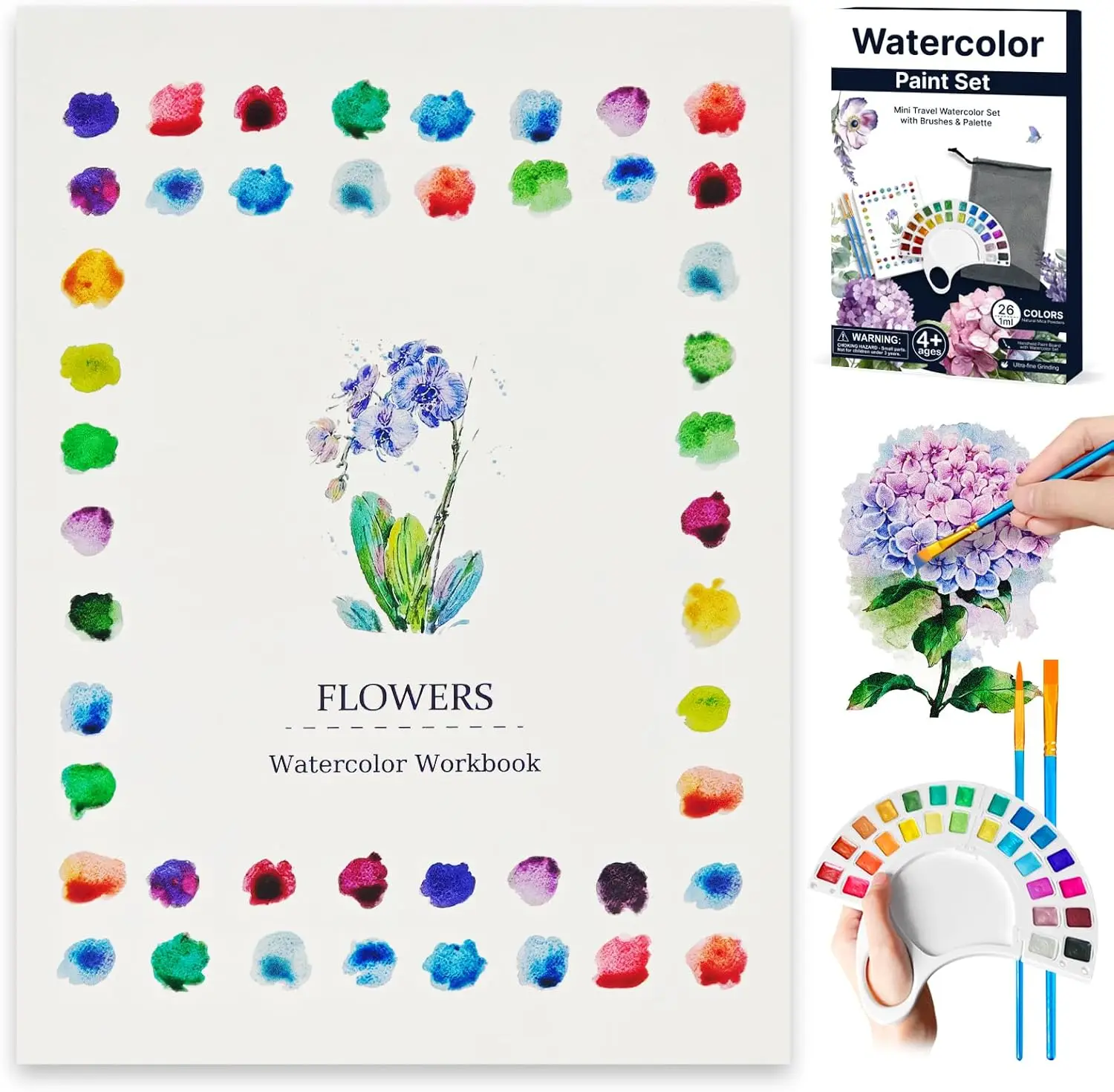 Watercolor Workbook 13 Pages 300GSM Paper, 26 Colors Paint Set with Brush & Storage Bag, Beginner-Friendly Flowers Art Kit for Adults