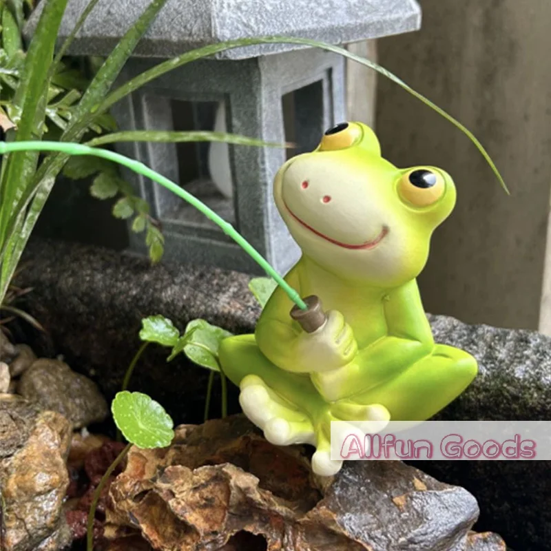 Creative Frog Fishing Figurine Animal Sculpture For Garden Funny Outdoor Landscape Statues Animal Figurine Ornaments Collectible