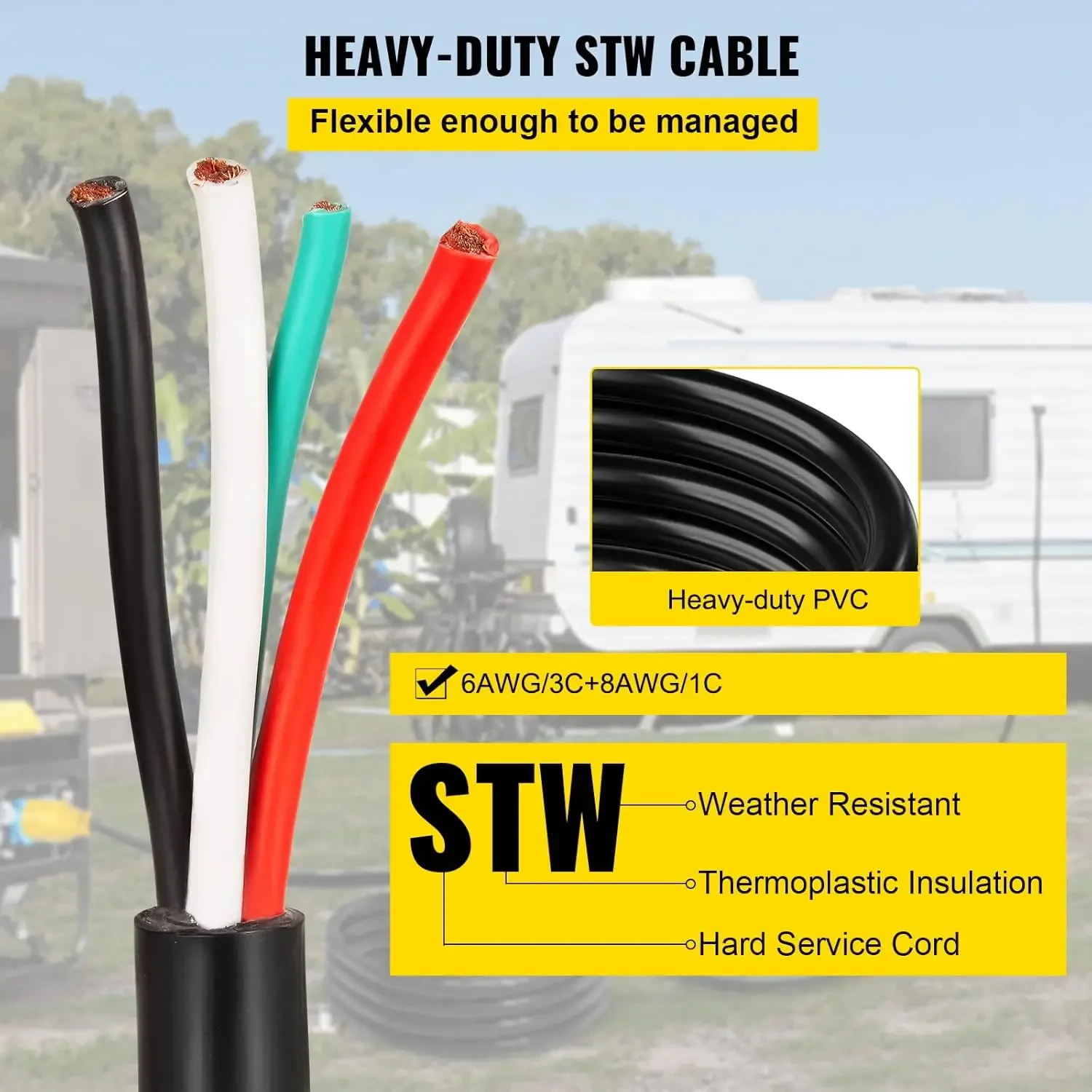50FT 50Amp مولد تمديد الحبل 6 مقياس STW 6/3 + 8/1 RV سلك الطاقة NEMA 14-50P إلى سلك عاري
