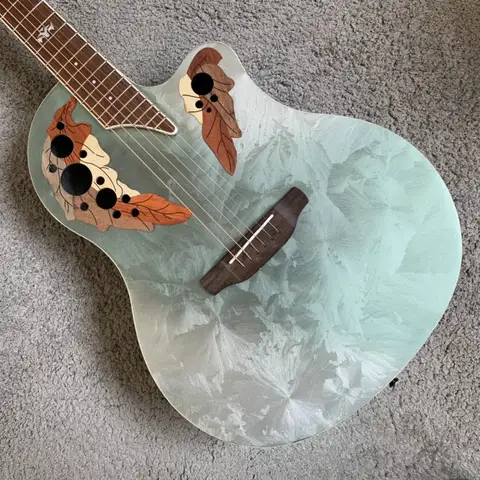 L173 New Arrival 41 Inch 24 Frets Ovation Style Folk Acoustic Guitar, Round Back Ice Flower Paint