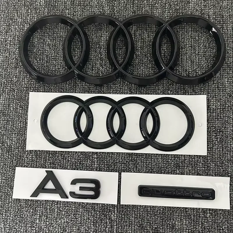 Per AUDI 2010-2020 2PCS 4 Anello logo ABS Nero Cofano Auto Cofano Anteriore Griglia Baule Posteriore Emblema Distintivo Adesivo 1P A3 mark 1P Quarrto