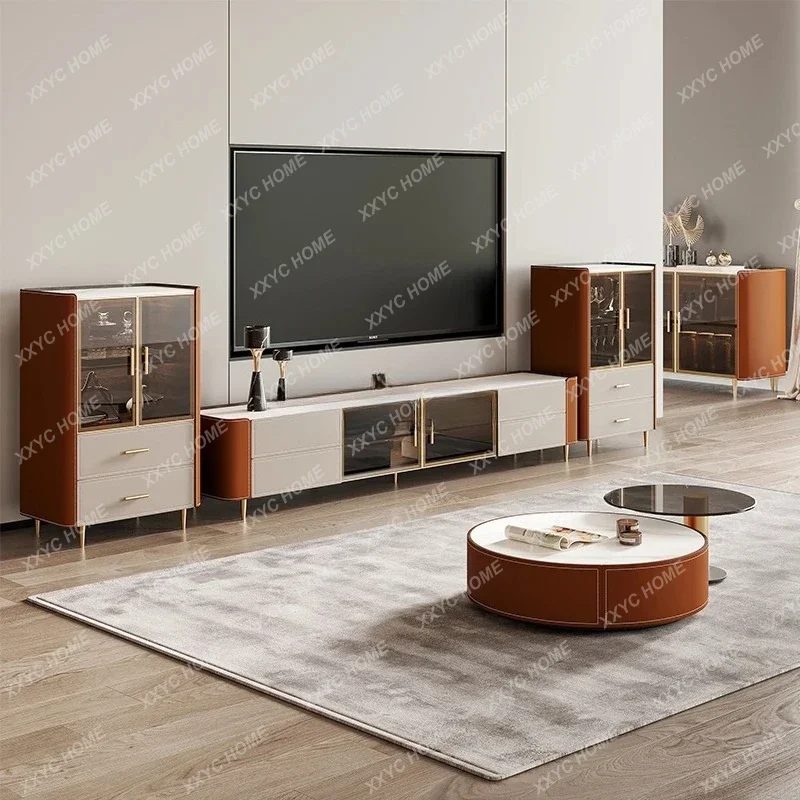 

A Solid Wood Dining Side Cabinet Italian Saddle Leather Light Luxury Home Rock Slab Glass Tea Cabinet