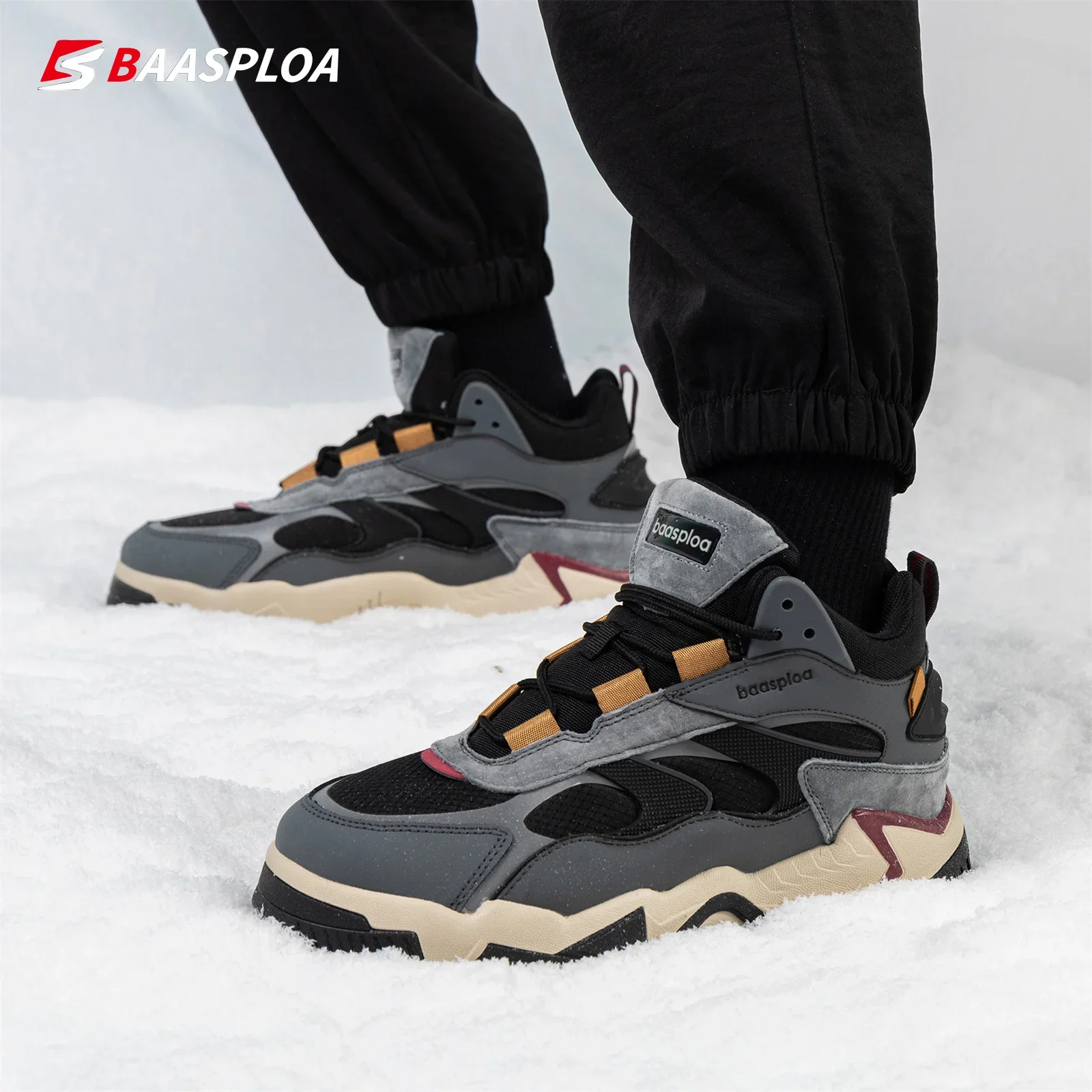 Baasploa Men Winter Sneakers Comfort Plush Warm High Top Walking Shoes for Men Leather Waterproof Casual Sneakers Male Non-Slip