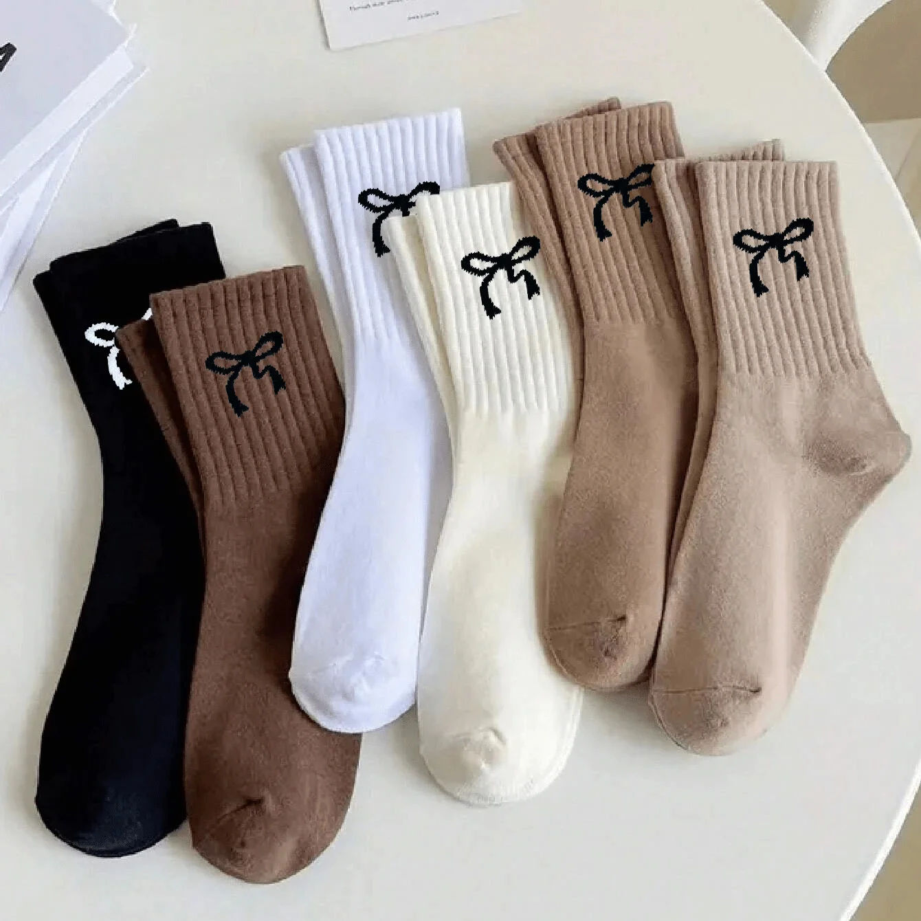 3/5/10 Pairs Women's Crew Socks, White Socks, ,bow  Comfortable, Breathable, Moisture-Wicking