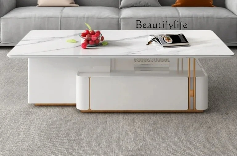 

Light luxury rock slab kung fu tea table living room with kettle tea set integrated modern home