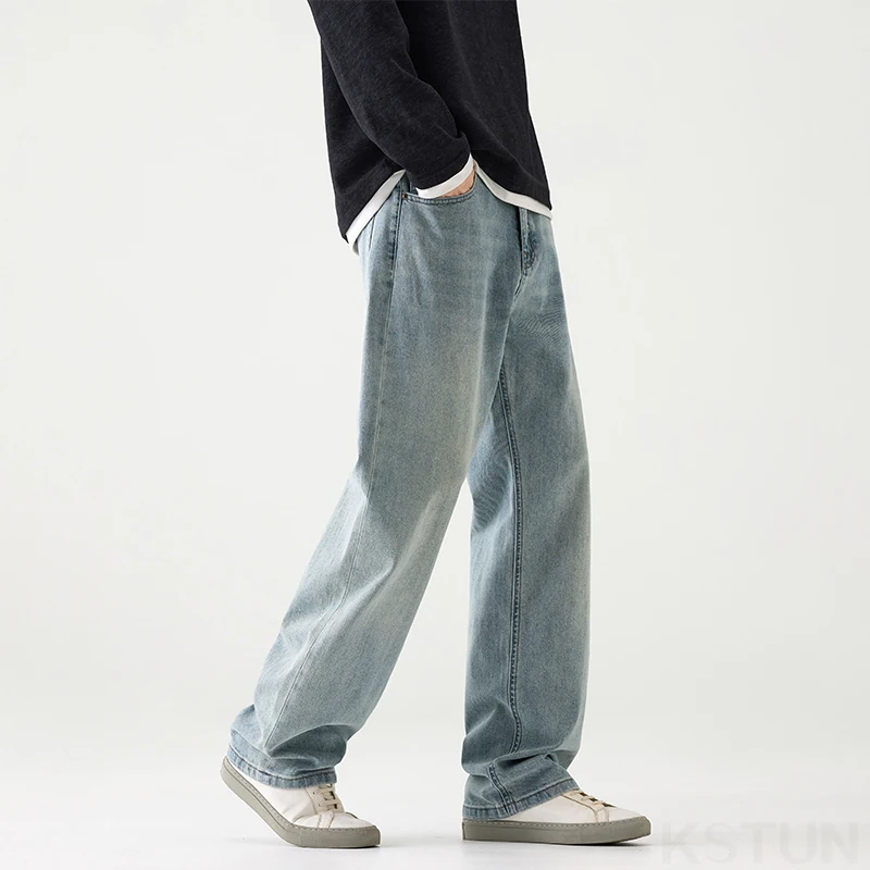 KSTUN Light Blue Jeans Stretch Men's Loose Straight Jeans Male Denim Pants Spring and Autumn Full Length Trousers High Quality