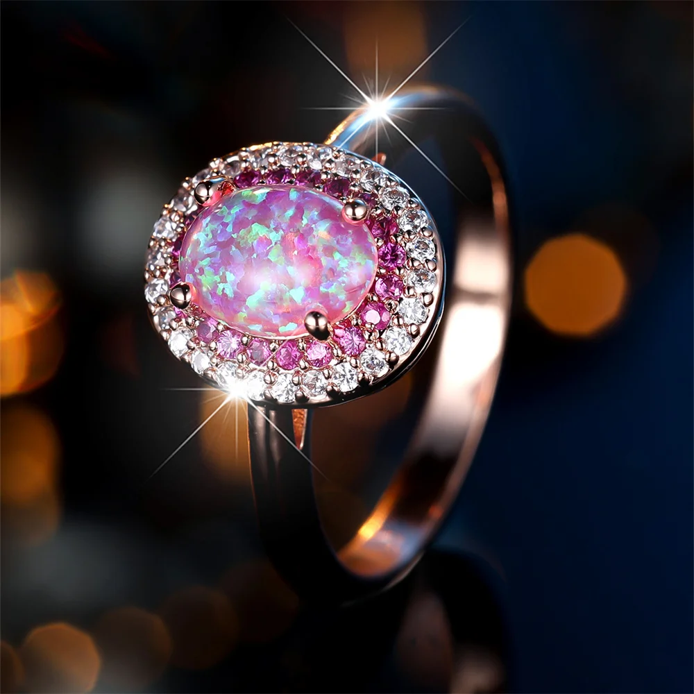 أنيقة الوردي أوبال كبير البيضاوي حجر خواتم للنساء خمر ارتفع الذهب اللون المشاركة وعد العصابات مجوهرات الزفاف هدايا الزفاف #3