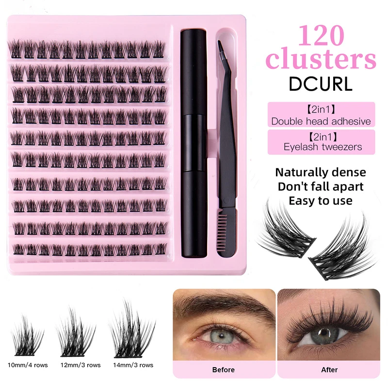 120 Clusters D Curl Eyelashes Handmade Thin Band Natural Adhesive DIY Segmented Eyelash Tweezers for Beauty Salons