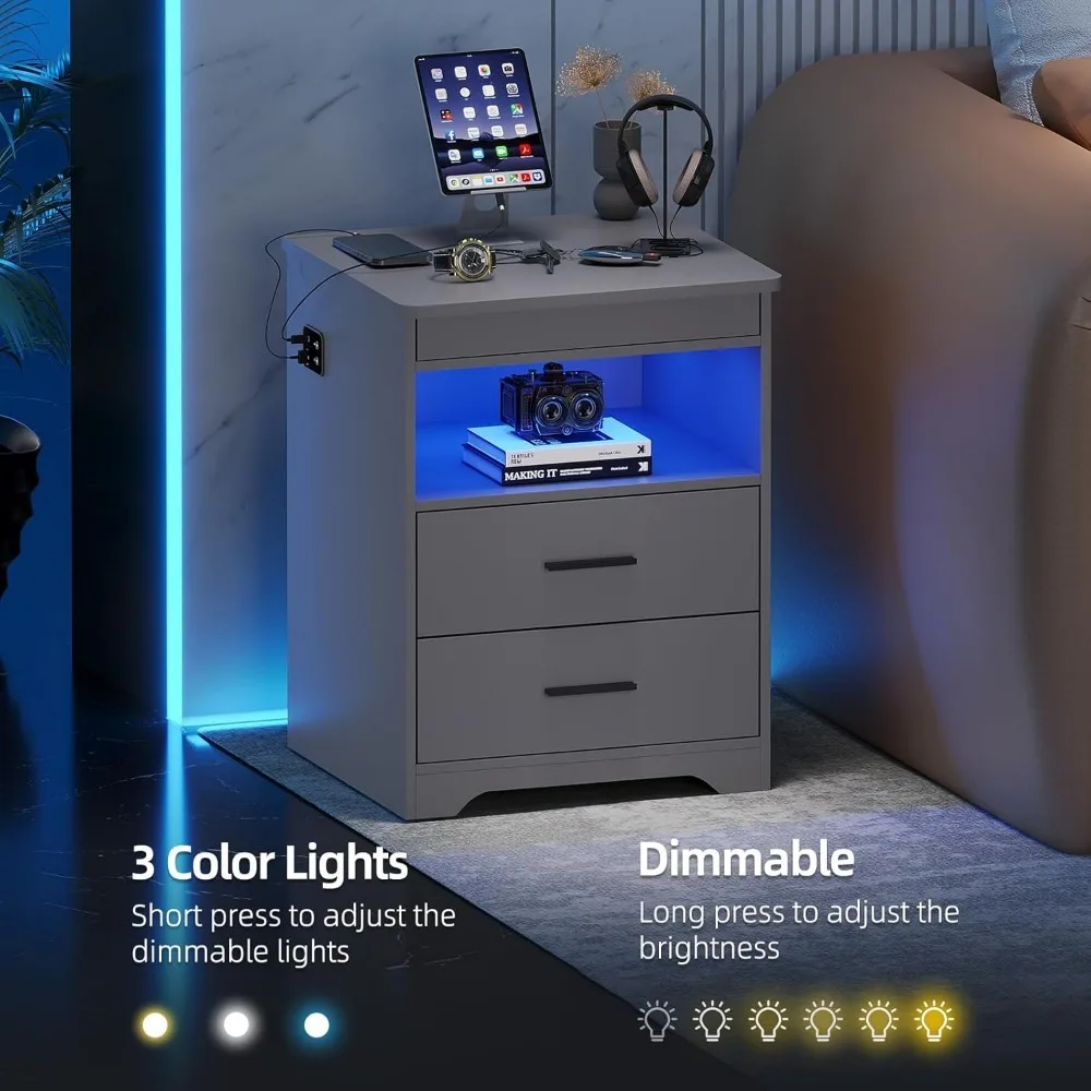 LED Nightstand with Gun Drawer, Modern Beside Table with Charging Station, Auto Sensor 3 Color Dimmable Night Stand