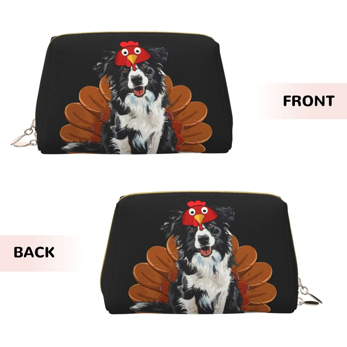Dog Lovers Border Collie Turkey Dish Happy Thanksgiving Women Cosmetic Bag Travel Makeup Organizer Pouch Toiletry Storage Dopp
