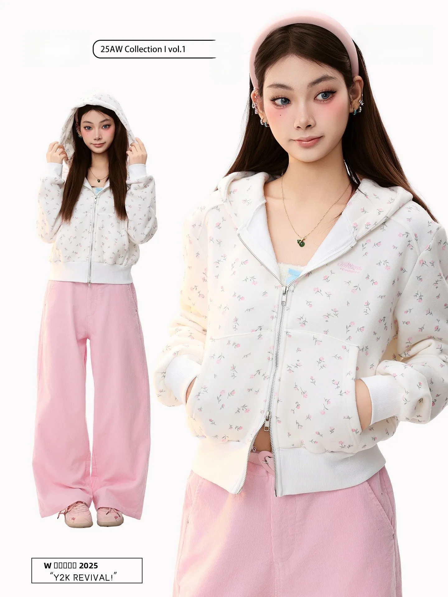 

PBB Floral Print Zip up Hoodie Women's American Sle Lazy Sweet Spring Sweatirt Streetwear ort Length Casual Outerwear