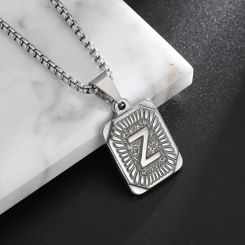 Trendy Hot Selling Initial A-Z Name Square Pendant Stainless Steel Necklace for Men Women Couples Keepsake Gifts