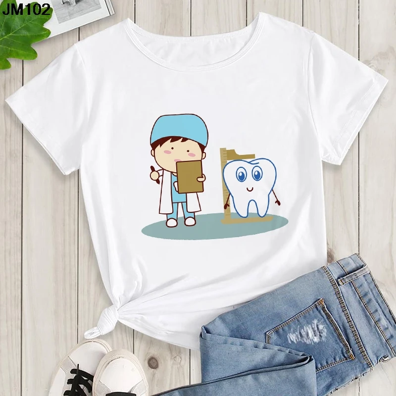 Aesthetic Funny Tooth Dentist Print Female Clothing T-shirt 90s Harajuku Kawaii O-neck Tshirt Summer Fashion Women\'s Top T Shirt