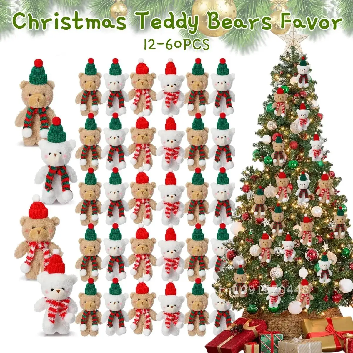 12-60Pcs Mini Teddy Bears Christmas Plush Doll Ornaments Cute Bear Stuffed Animal Keychains for Xmas Tree Decor Party Favors