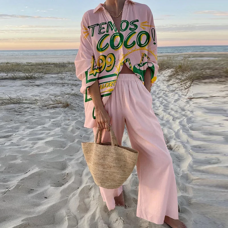 

Female Casual Pattern Print Beach Sets Fashion Lapel Long Sleeve Shirts+Long Pants Outfits Spring Summer Vacation Loose 2pc Sets