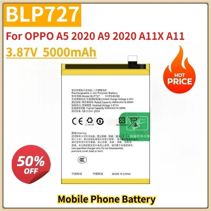 

New Replacement Mobile Phone Battery BLP727 3.87V For OPPO A5 2020 A9 2020 A11X A11 5000mAh Li-Polymer