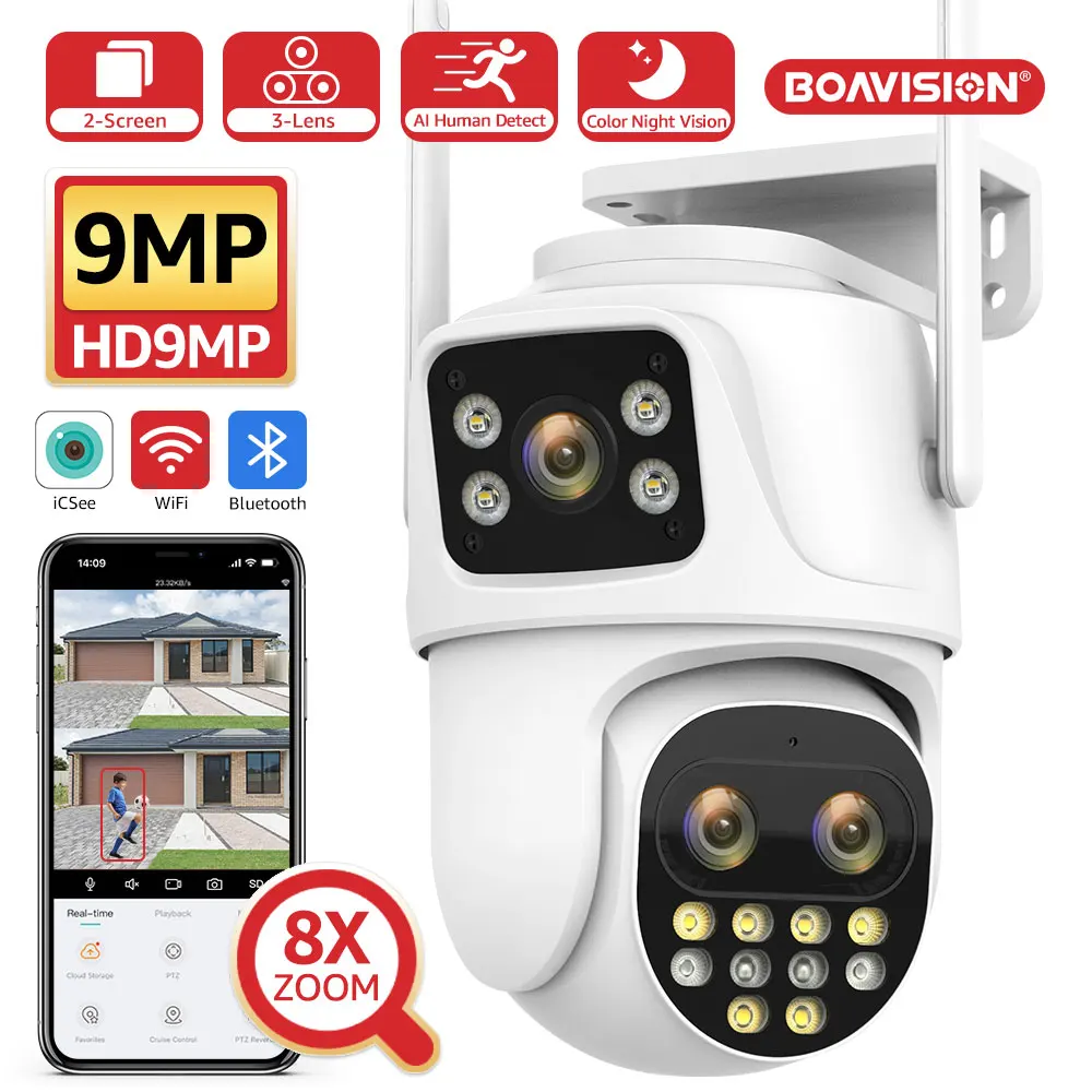 BOAVISION наблюдение Wi-Fi-Камера открытый PTZ 4MP 8MP обнаружение гуманоидов 9MP три объектива 8-кратный цифровой зум AI автоматическое отслеживание