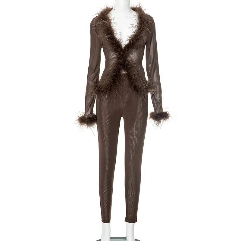 

Женский сексуальный прозрачный сетчатый комплект из 2 предметов с перьями и лоскутным воротником, кардиган с длинными рукавами, топы + леггинсы, брюки, вечерние клубные костюмы