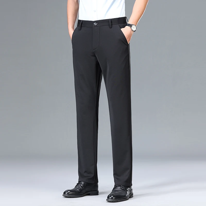 Stylish Straight Basic Trousers Solid Color Elastic Spring Summer Thin Mid Waist Fashion Button Men\'s Business Casual Suit Pants