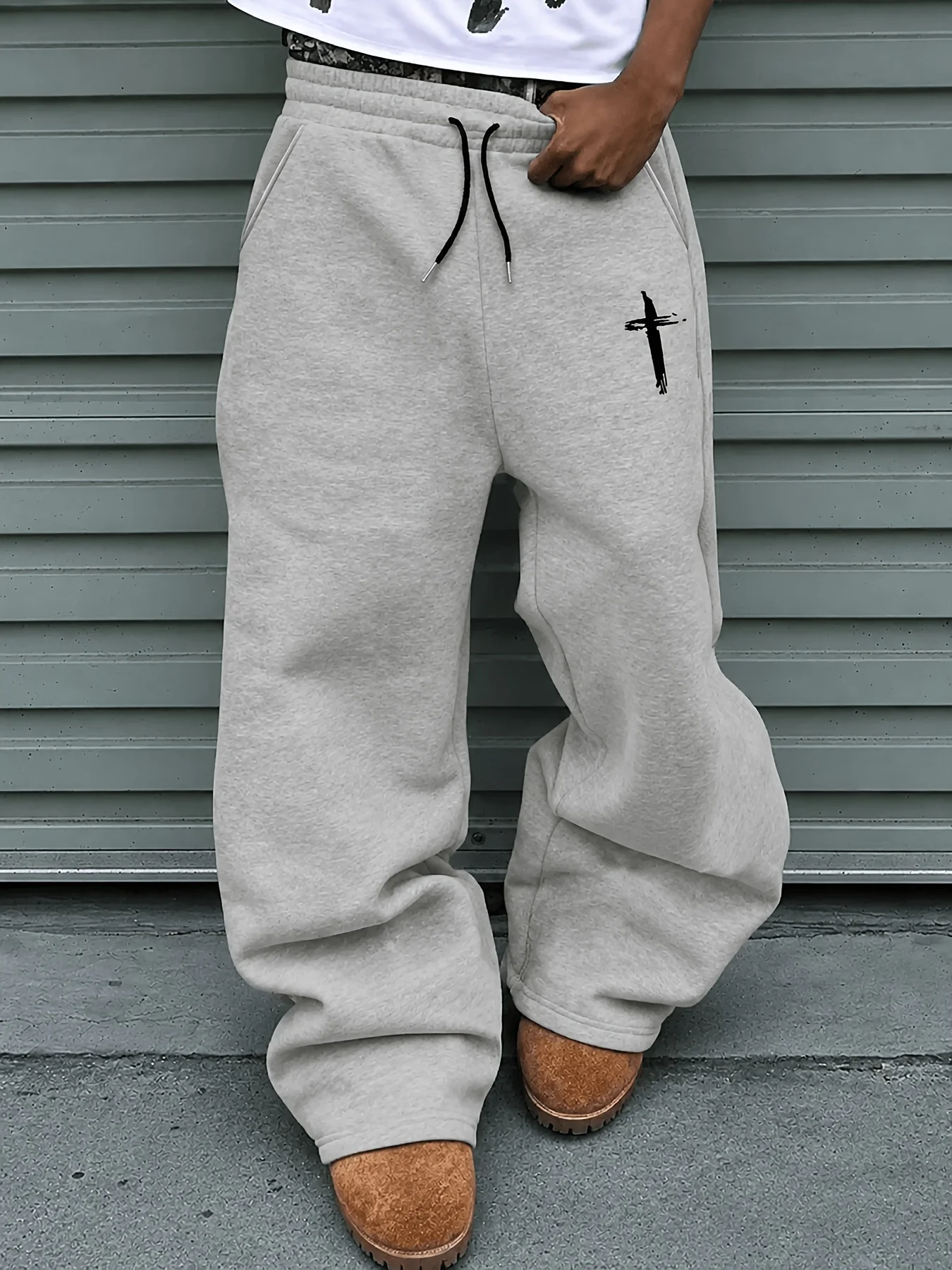 Minimalist Cross Print Straight Sweatpants US Men's High Waist Casual Trousers S-3XL