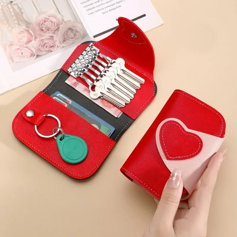 Fashion Simple Key Holder PU Leather Wallet Ladies' Heart-shaped Key Wallet Organizer Bag Car Housekeeper Wallet Card Holder