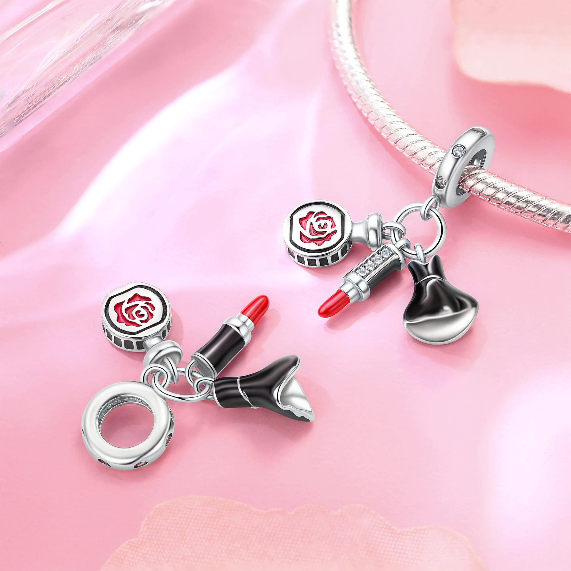 925 Sterling Silver Charm Girl Power Confidence Makeup Triple Pendant for Women Fit Original Bracelet Necklace DIY Accessories