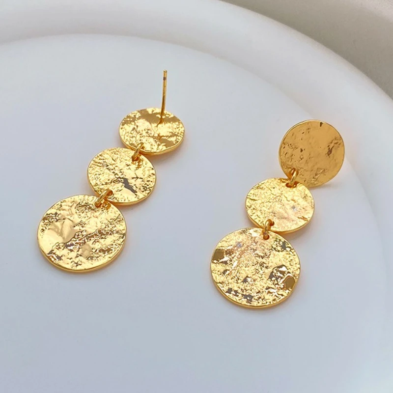 Long Metallic Disc Earrings - Minimalist Vintage Cool Style | Sleek Fashion Statement Studs