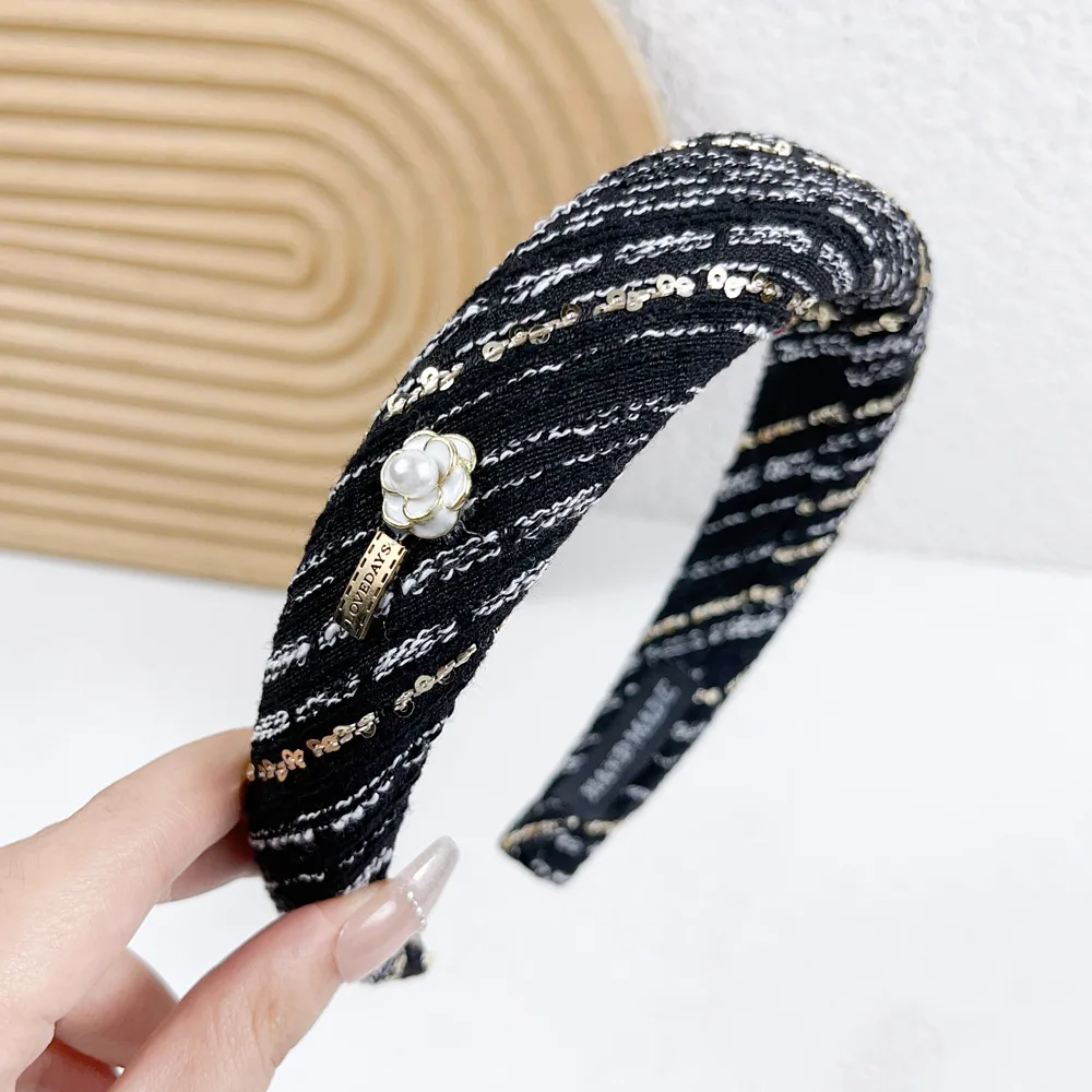 High-grade Shiny Stripe Sequins Flower Hair Band Hair Hoop 2023 Newest Korea Women Hand Weave Sponge Padded Headdress Headbands