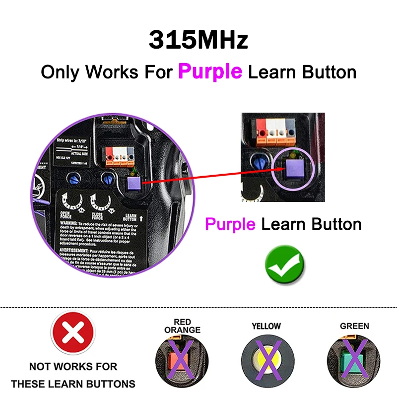 For 371LM 373LM 372LM 374LM Garage Door Remote Control 315MHz Purple Learn Button 950D 950CD 953D 953CD 956D 956CD