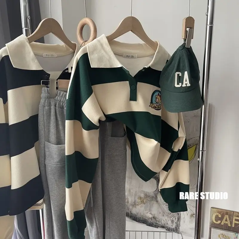 

Autumn Korean Casual Plus-size Striped T-shirt Women's Preppy Style Embroidery Loose-fit Lapel Collar Pullover Sweatshirt