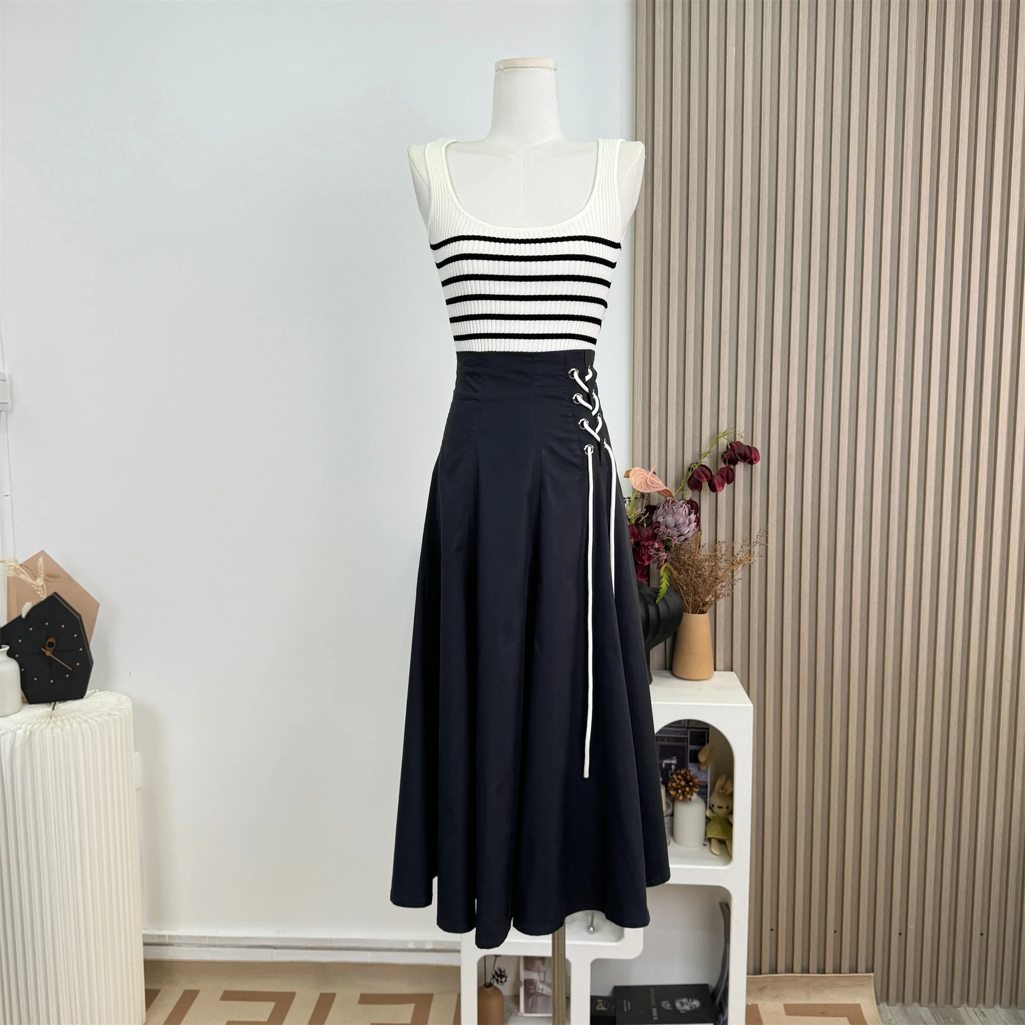 

Women Korean Fashion High Waist Midi Skirt A-line Lace Up 2000s Aesthetic Fairycore Mori Girl Gyaru Coquette Japanese Y2k Retro