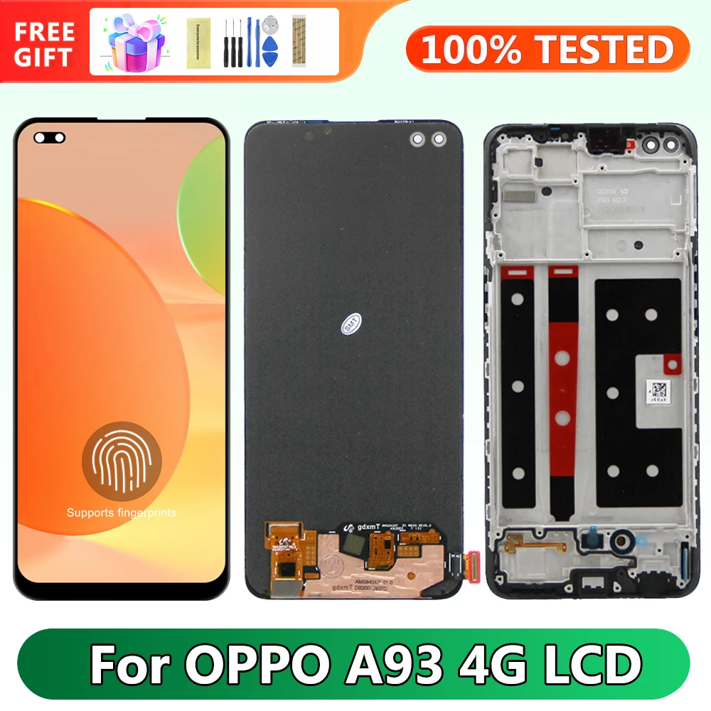 Super Amoled A93 4G Screen with Frame, for pantalla Oppo A93 Lcd Display Touch Screen Digitizer Assembly screen replacement Part