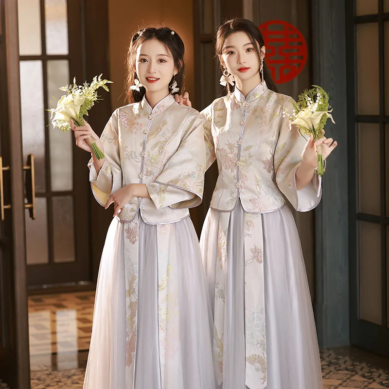 

Bridesmaid Costume New Chinese Style Printing Xiuhe Tang Clothes Traditional Wedding Party Dress Vintage Novelty Cheongsam Suits