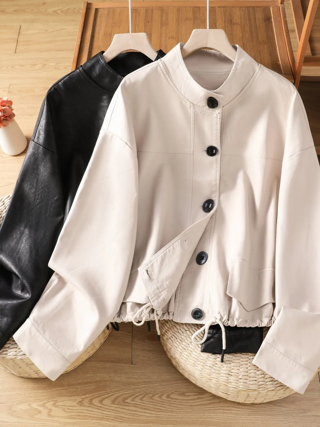 Authentic PU Leather Jacket Stand Collar Biker Style Short Autumn Winter Women's Windproof Drawstring Hem Single Piece